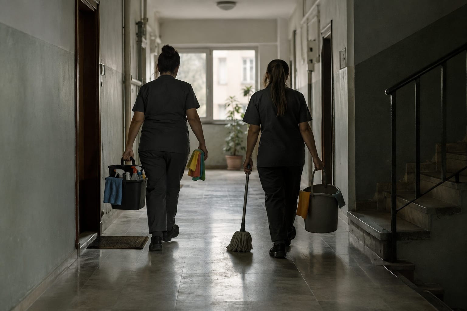 İki temizlik görevlisi apartman koridorunda ekipmanlarıyla ilerliyor.